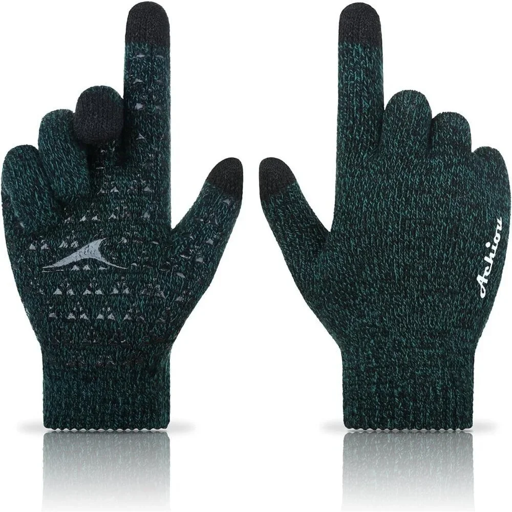 Women's Black Green Upgraded Touch Screen Thermal Soft Knit Lining Winter Gloves